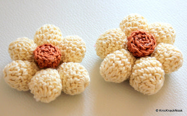 Beige and Brown Crochet Flower Applique x 2